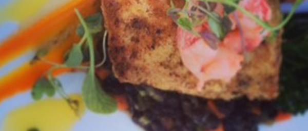 Pan Seared Halibut & Prawns with braised lentils